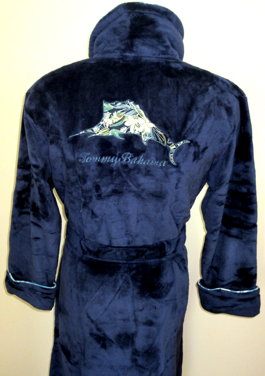 Tommy Bahama Men’s Plush Marlin Embroidered Cozy Robe Navy Blue Relax NWT