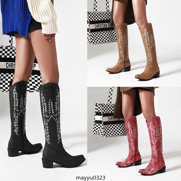 Womens Embossed Zip Mid Block Heel Cowgirl Mid Calf Knee High Boots Western PLus