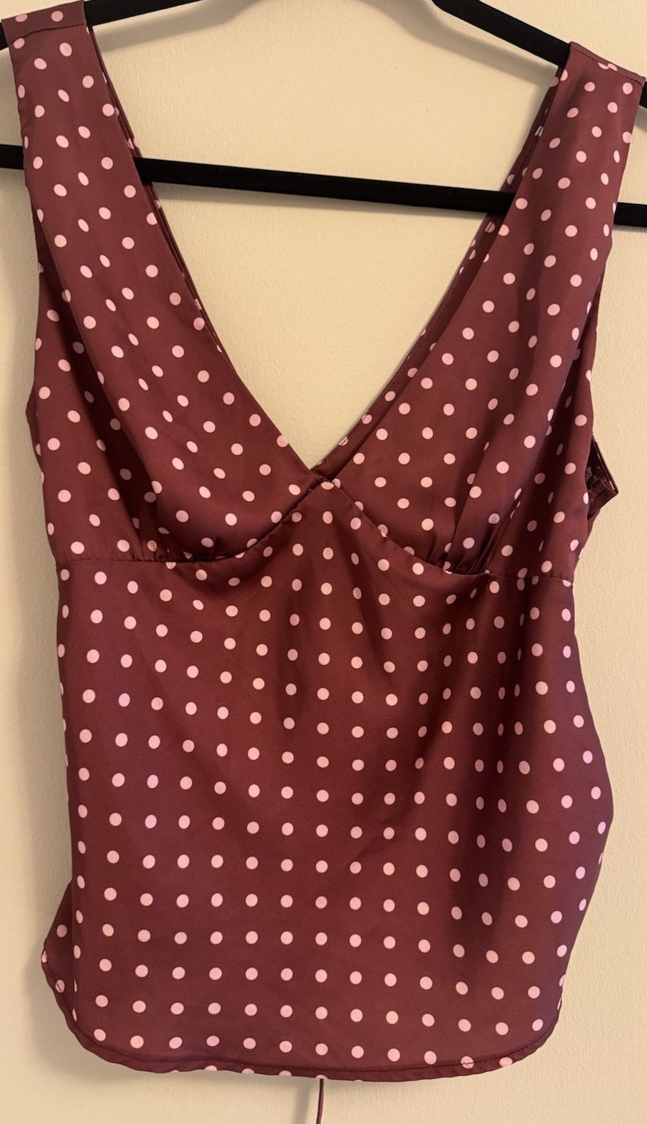 SHEIN Burgundy Pink Satin Polka Dot V-Neck Tie Back Cami Top Sleeveless M