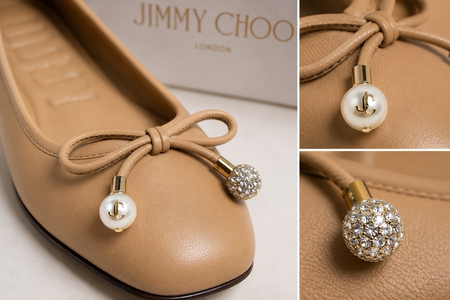 Jimmy Choo “Elme” Biscuit Nappa Leather Pearl Crystal Bow Ballet Flats 36 NIB