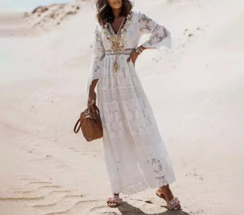 Women’s Boho Maxi Lace V Neck Flare Sleeve Dress Summer Party Beach Sundress New