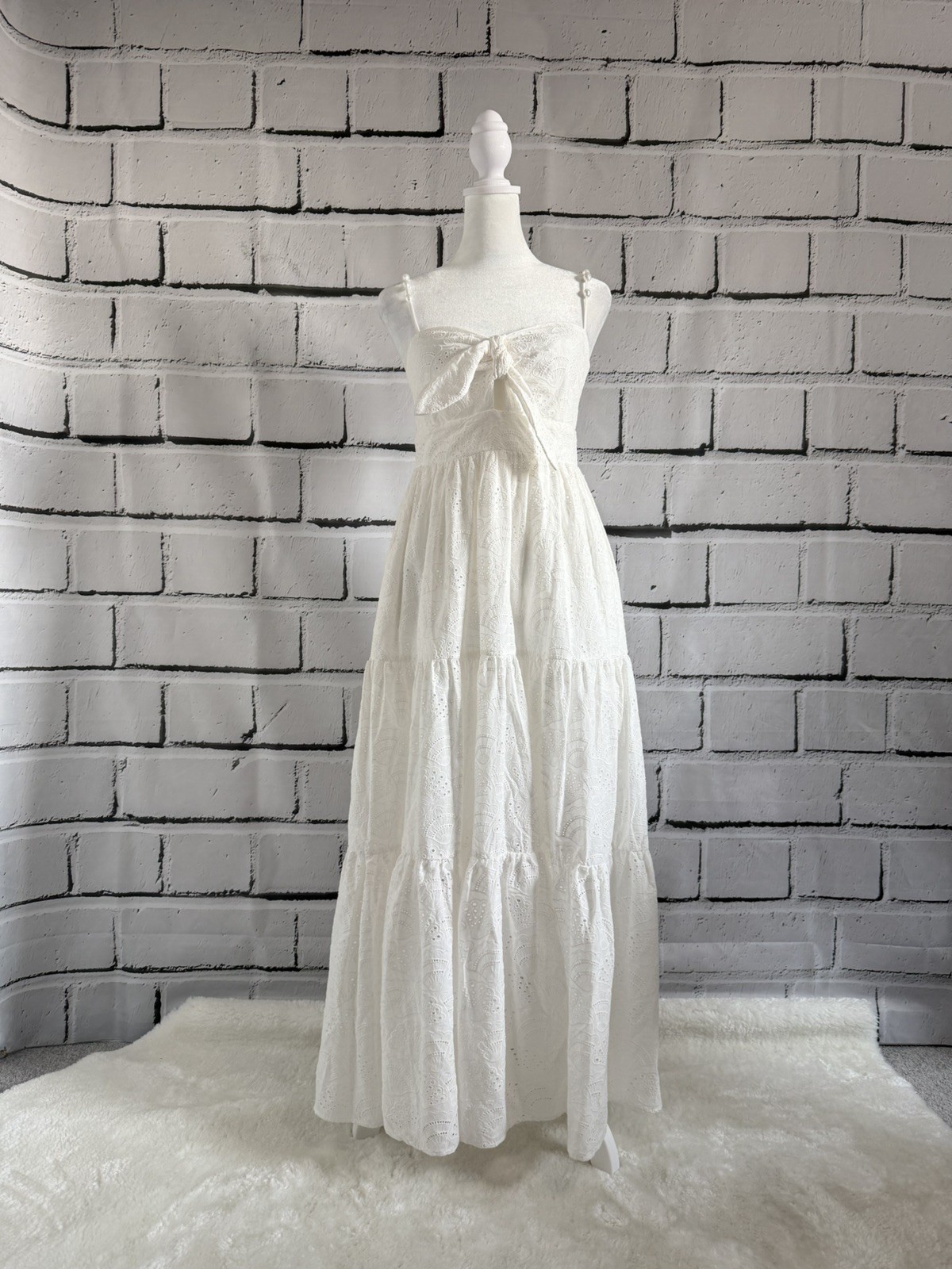 NWT House of Harlow 1960 White Eyelet Cotton Maxi Dress Smocked Back S