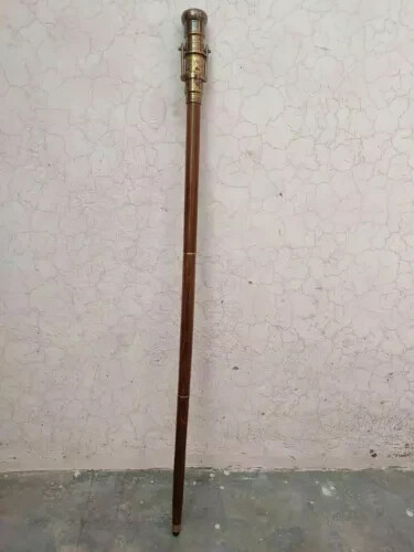 Brass Telescope Compass On Top Head Handle Wooden Walking Stick Cane Hidden Gift
