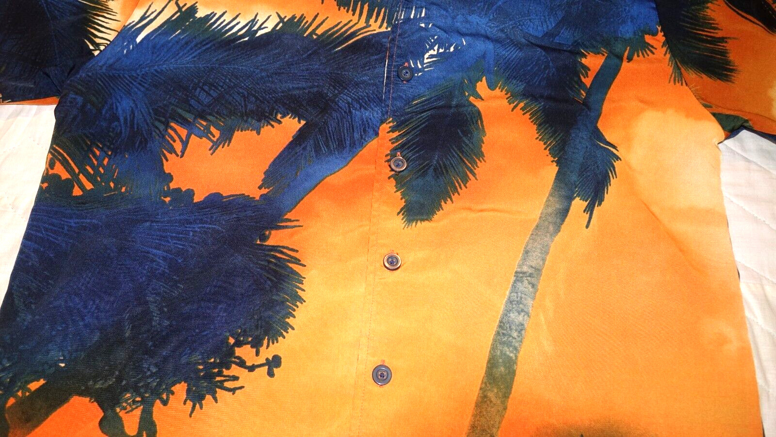 ODO Hawaiian Shirt Men’s Size L Large Loud Blue Orange Ocean Sunset Palm Trees