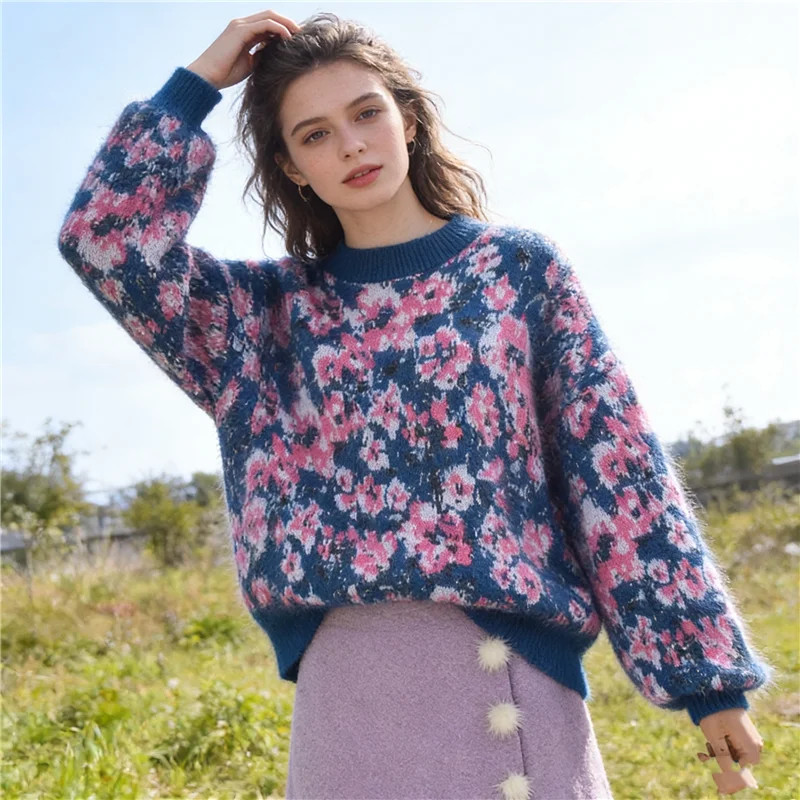 Women Vintage Thick Hairy Angora Rabbit Hair Flower O-Neck Loose Sweater Jumper