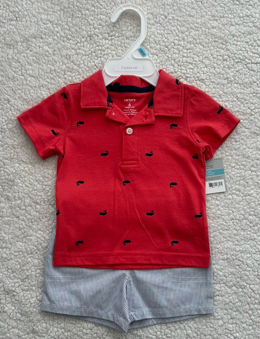 NEW Baby Boy Red Polo Shirt & Seersucker Shorts Blue White 2-piece Set 6 Months