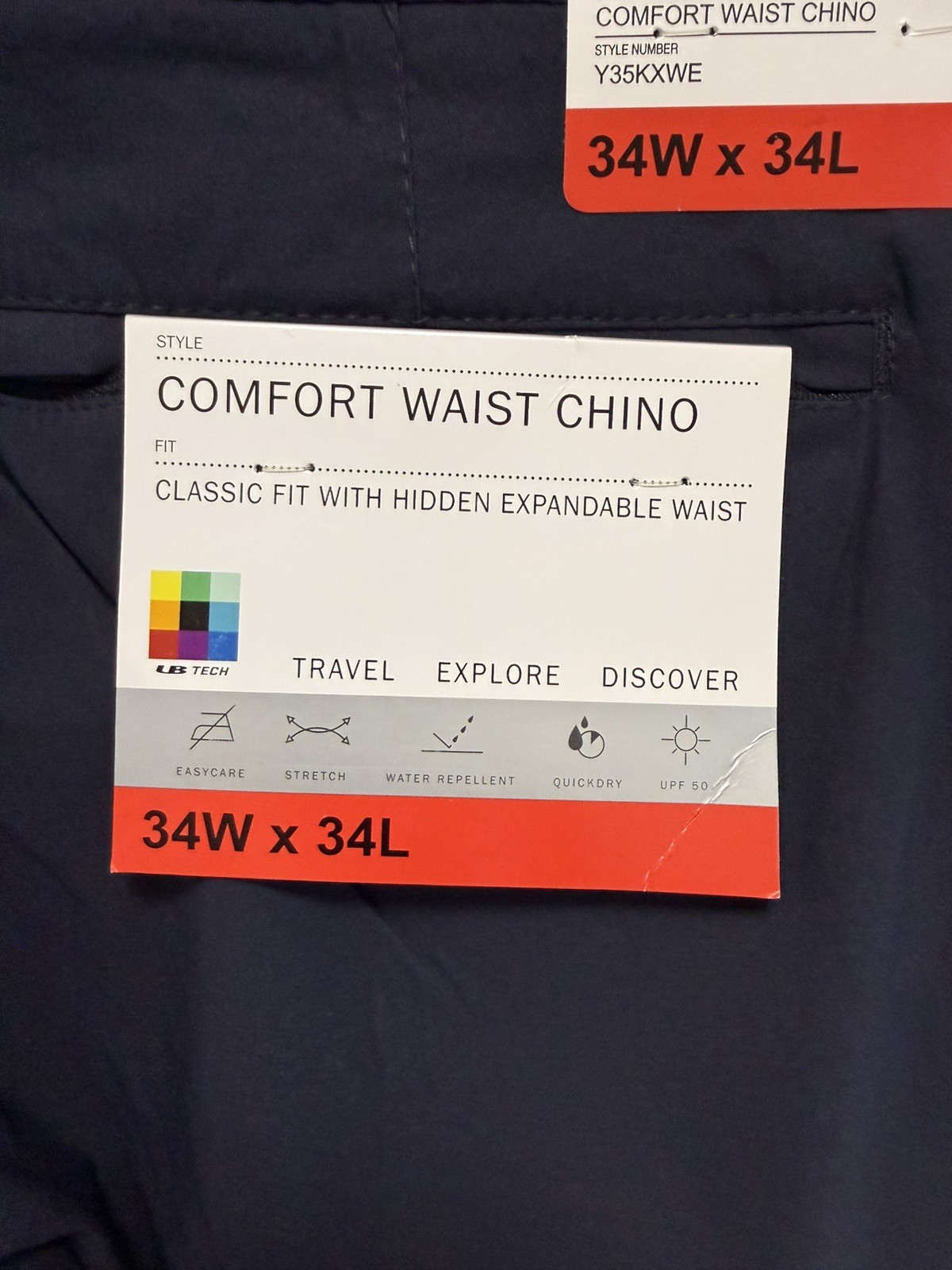 UB Tech Pants Mens Size 34×34 Blue Comfort Waist Chino Stretch UPF 50 Travel NEW