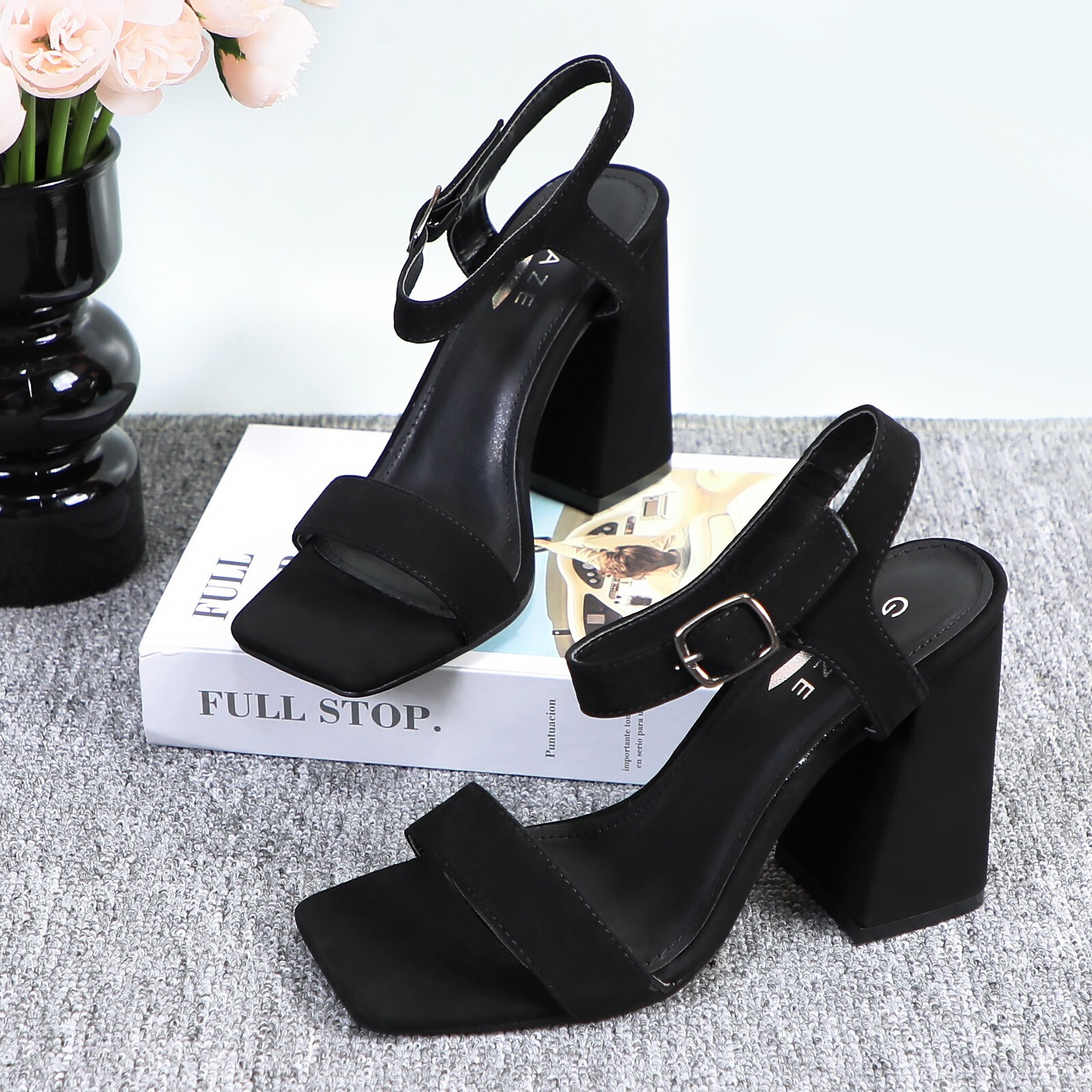 Glaze Women’s Square Toe Block Heel Sandals Ankle Strap 4 Inch Heel
