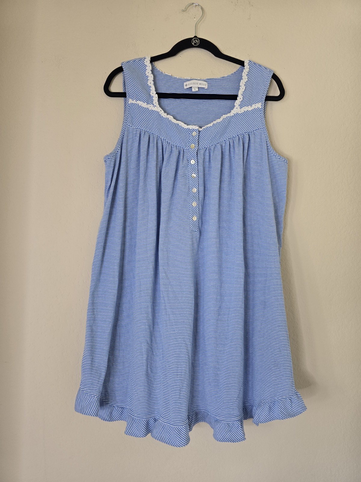 Eileen West Blue Stripe Daisy Lace Trim Sleeveless Chemise Nightgown Size L
