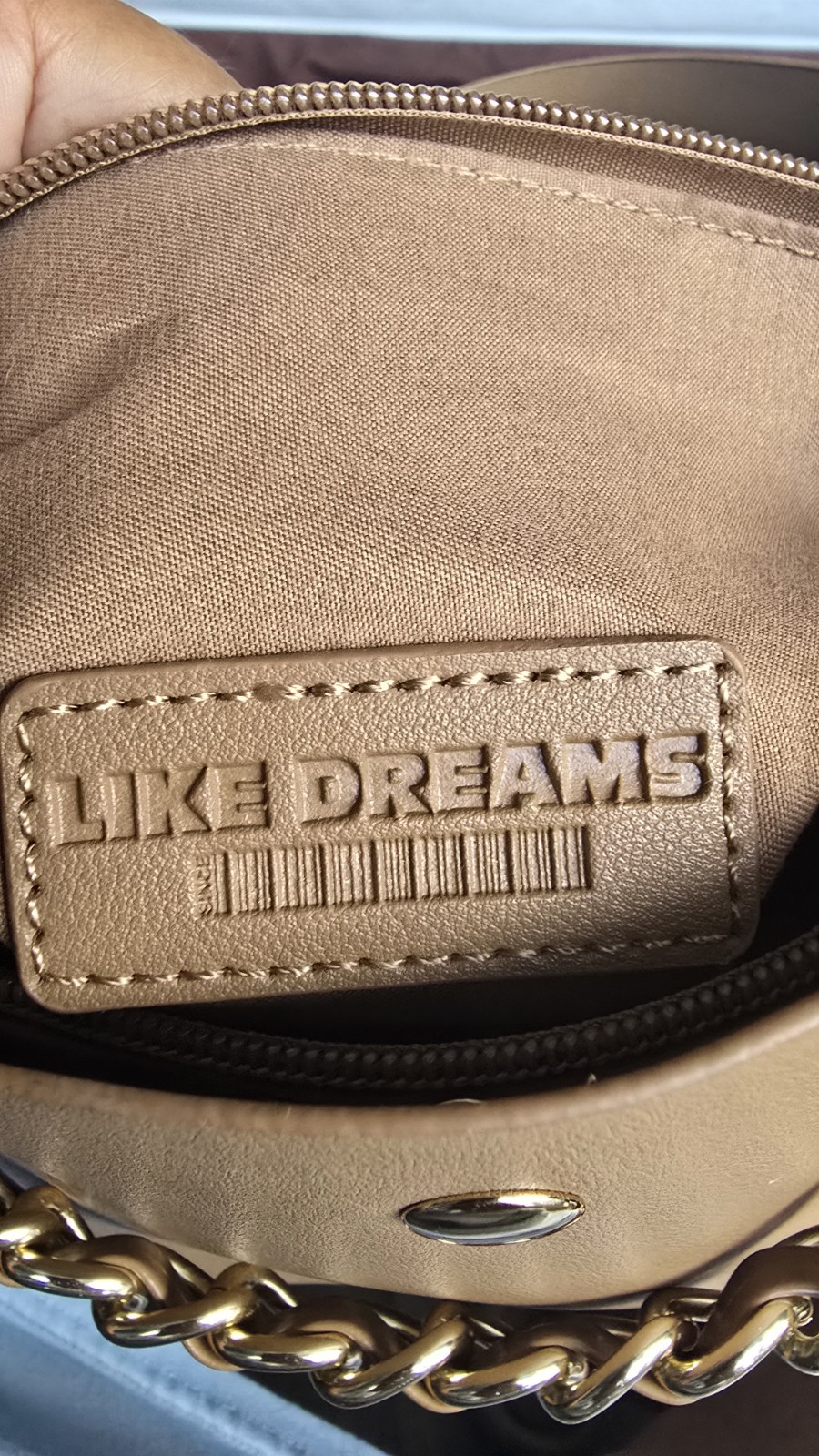 LIKE DREAMS Beige Medium Shoulder Bag Gold Chain Detachable Strap Zip Snap