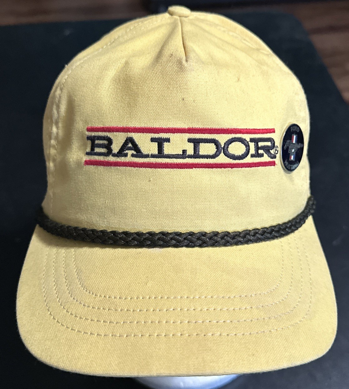 BALDOR Electric Motors vintage Yellow SnapBack Hat. With Mustang Lapel Pin
