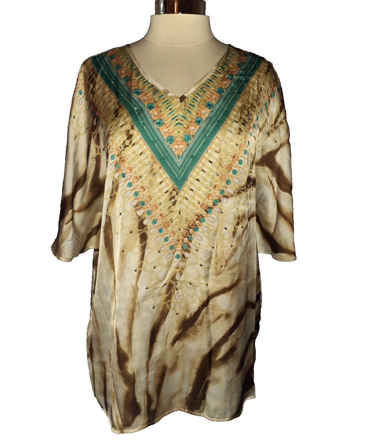 CHICO’S Size 2 12 14 L Blouse Shirt Top Brown Turquoise Sparkles Short Sleeve