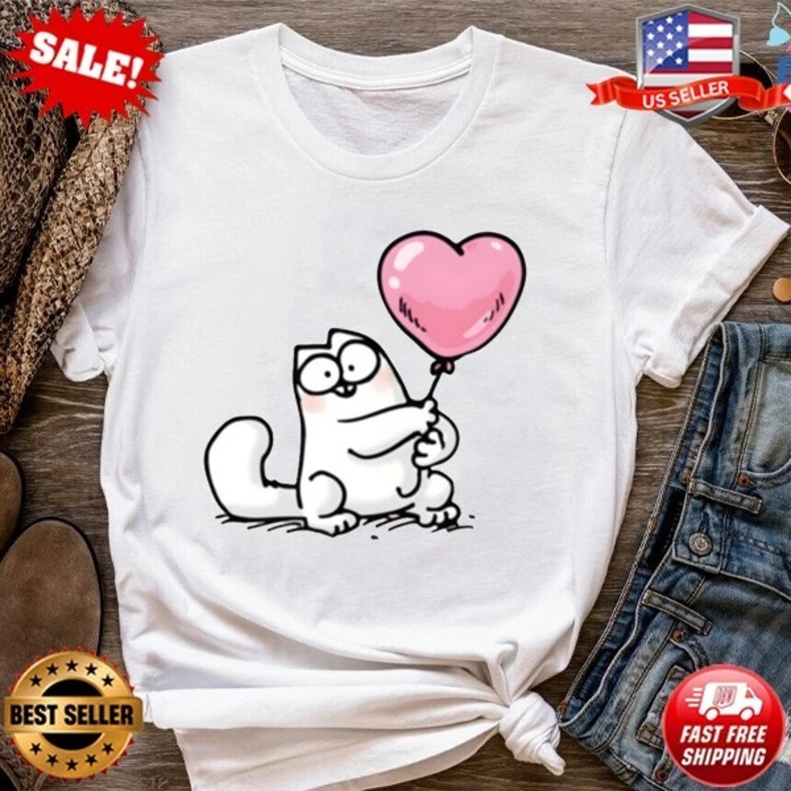 Simon Cat Heart Balloon Graphic Tee Unisex Cotton Funny Gift