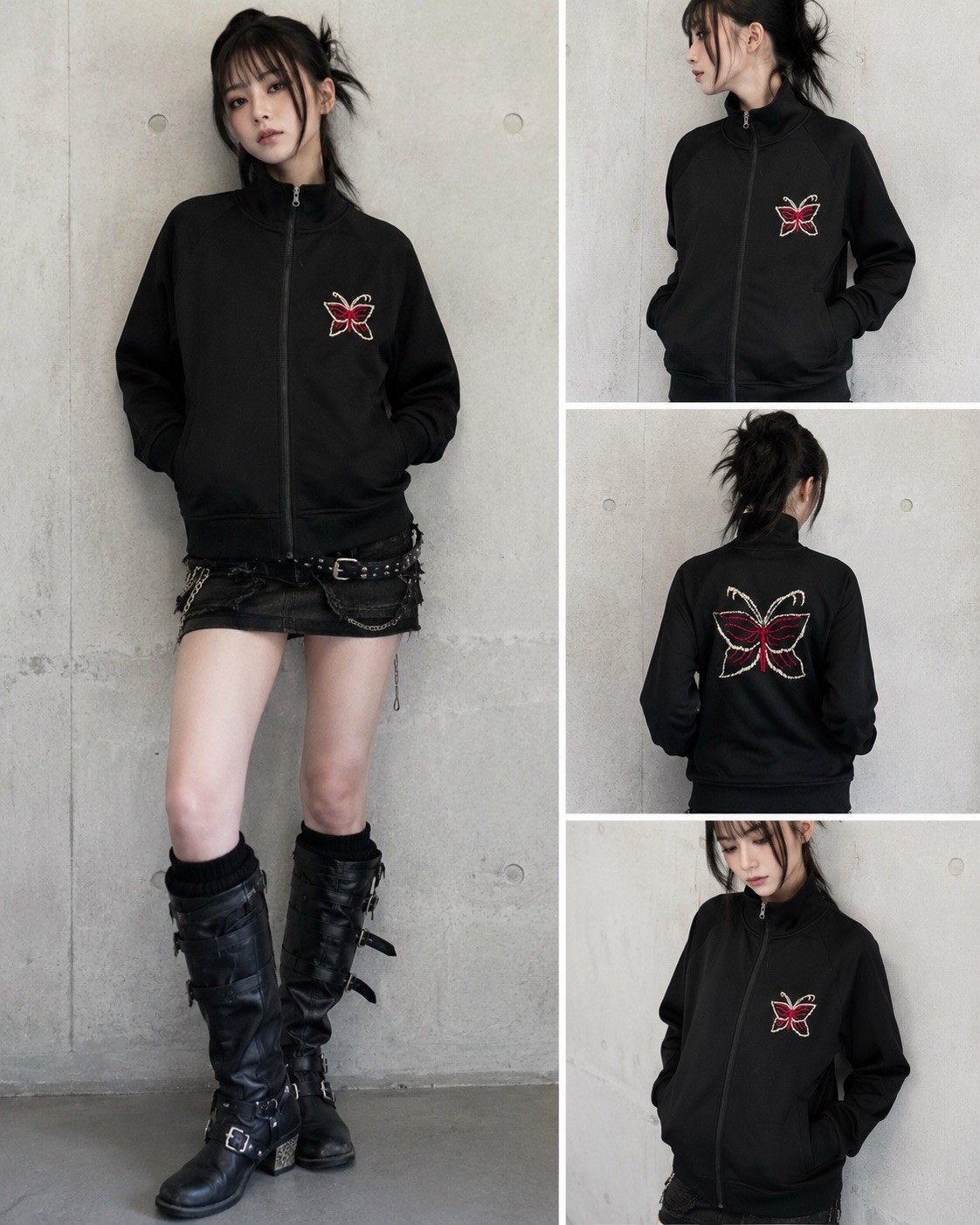 Elements Butterfly Embroidered Track Jacket Black Full Zip Y2K Fairy Grunge