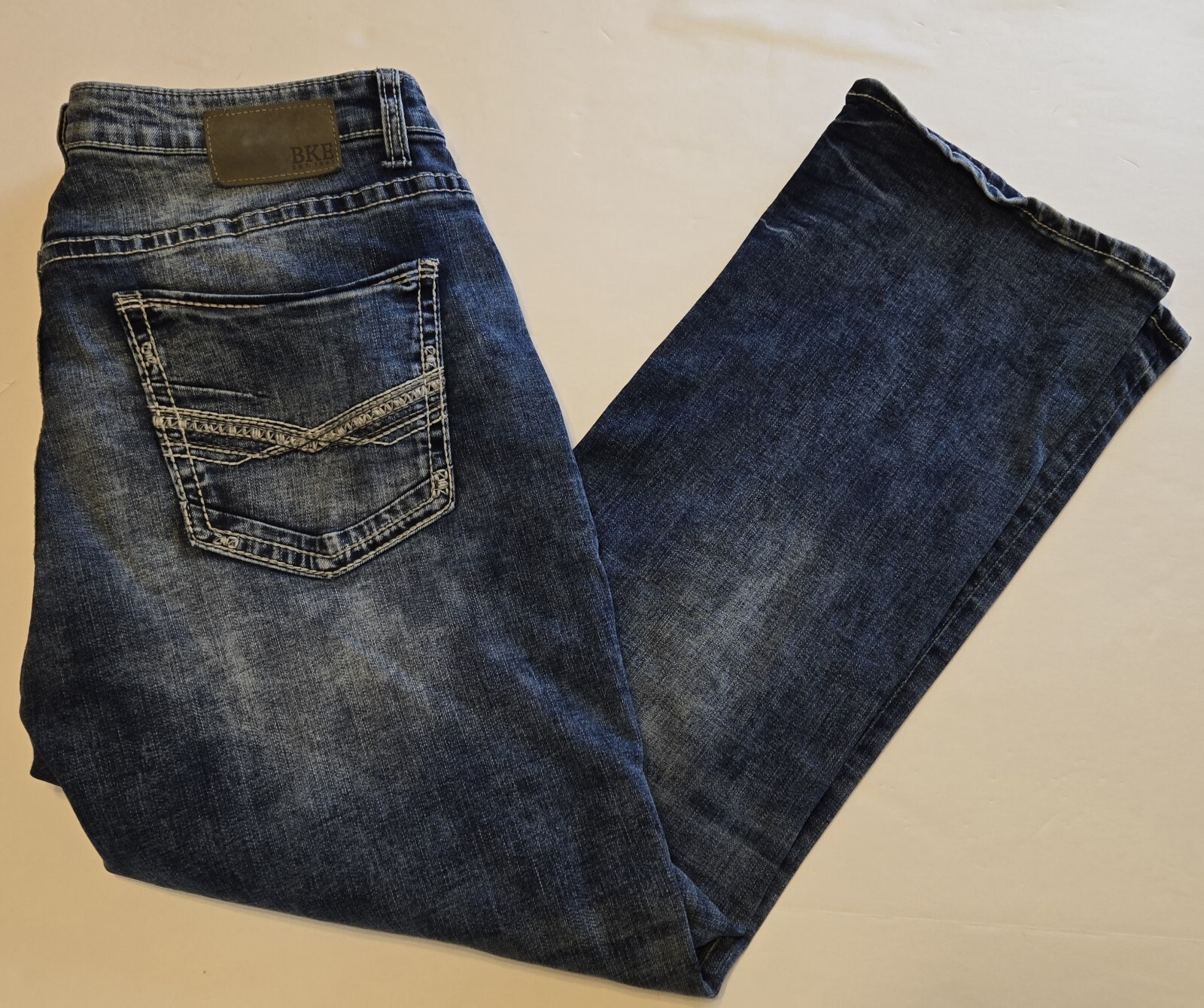 BKE Derek Jeans Men 34×29** Blue Denim Straight Leg Cowboy Thick Stitch