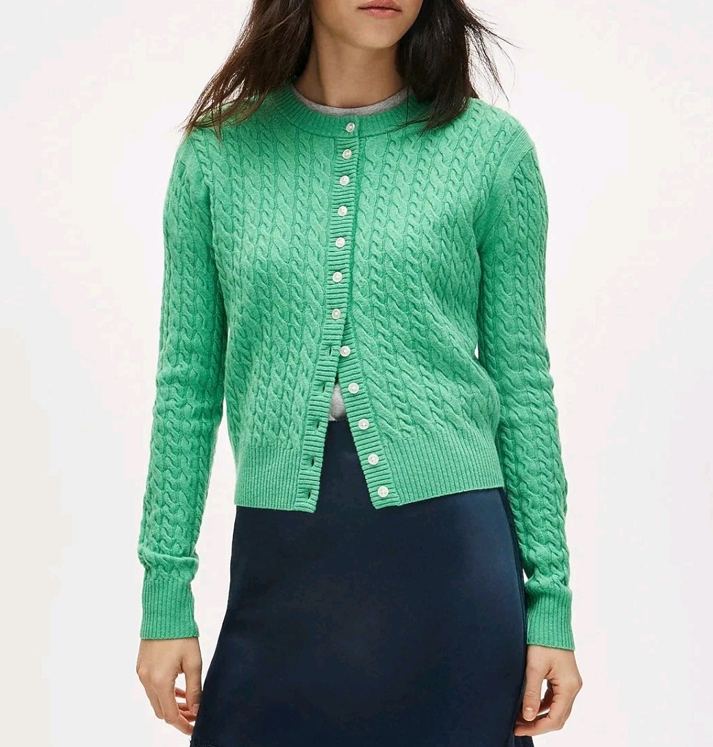 J Crew Green 100% Cashmere Cable Knit Button Cardigan Sweater Size 3X SP26