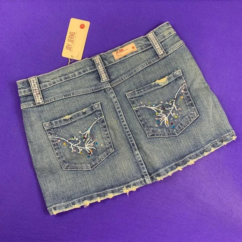 Y2K Joy Jeans Rhinestone Jean Denim Mini Skirt Low Rise Size 11 Fits M Best