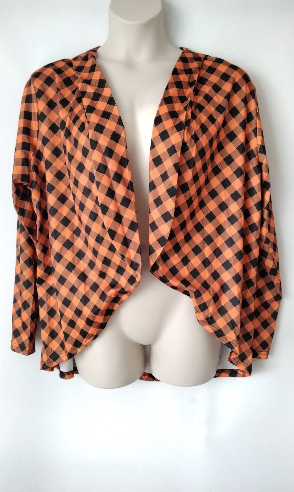 PLUS SIZE 22 ORANGE BLACK CHECK OPEN FRONT THIN JACKET TOP STRETCHY LIGHTWEIGHT