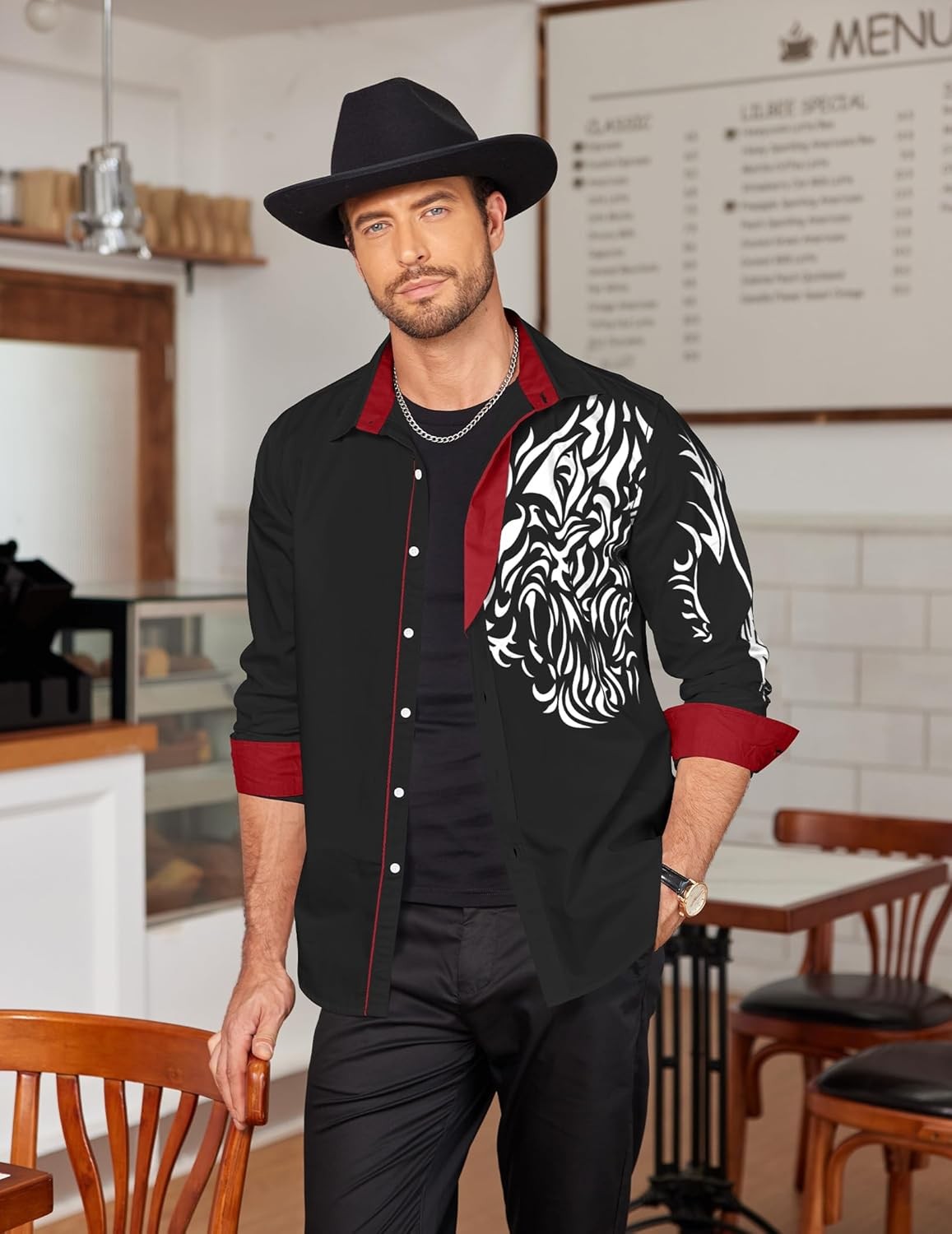 Mens Fashion Print Dress Shirt Long Sleeve Button Down Casual Top