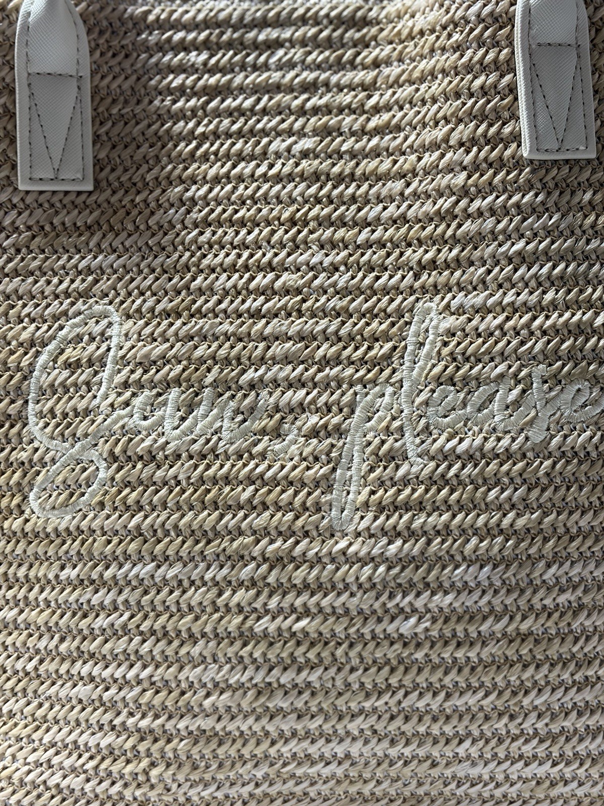 Beige Tote Bag Embroidered “Sun, please” Yellow Pineapple Lined Pockets