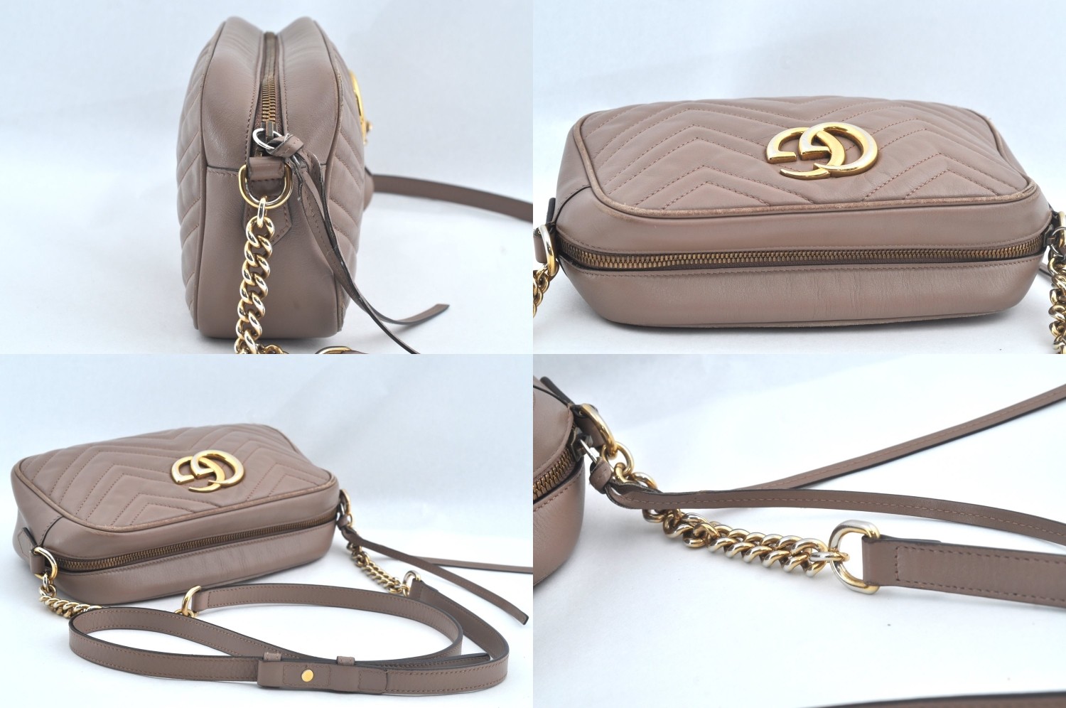 Auth GUCCI GG Marmont Chain Shoulder Cross Body Bag Leather 447632 Beige AA174