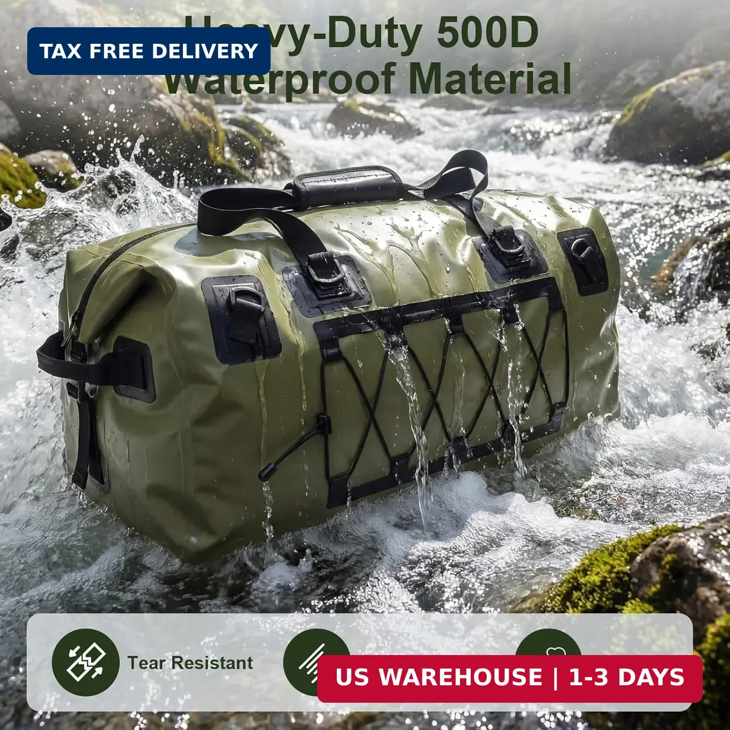 Waterproof Duffel Bag, 70L Large Motorcycle Dry Backpack, Heavy-Duty Roll Top Wa