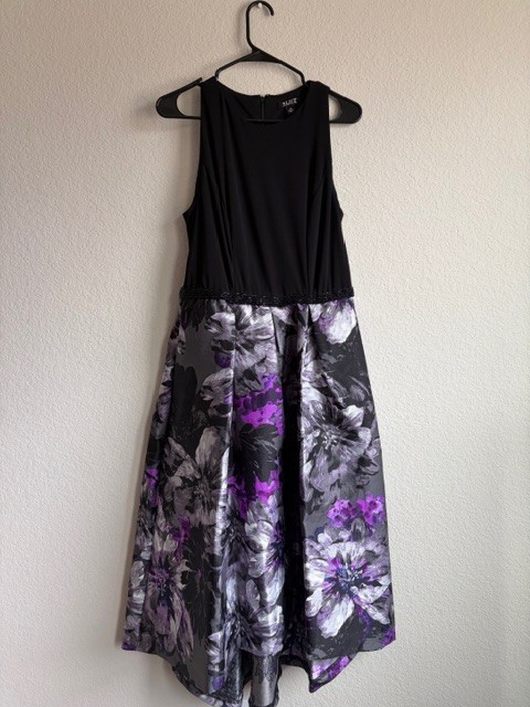 SLNY Womens SZ 10 Black High-Low Floral-print Beaded Cocktail Dress Wedding