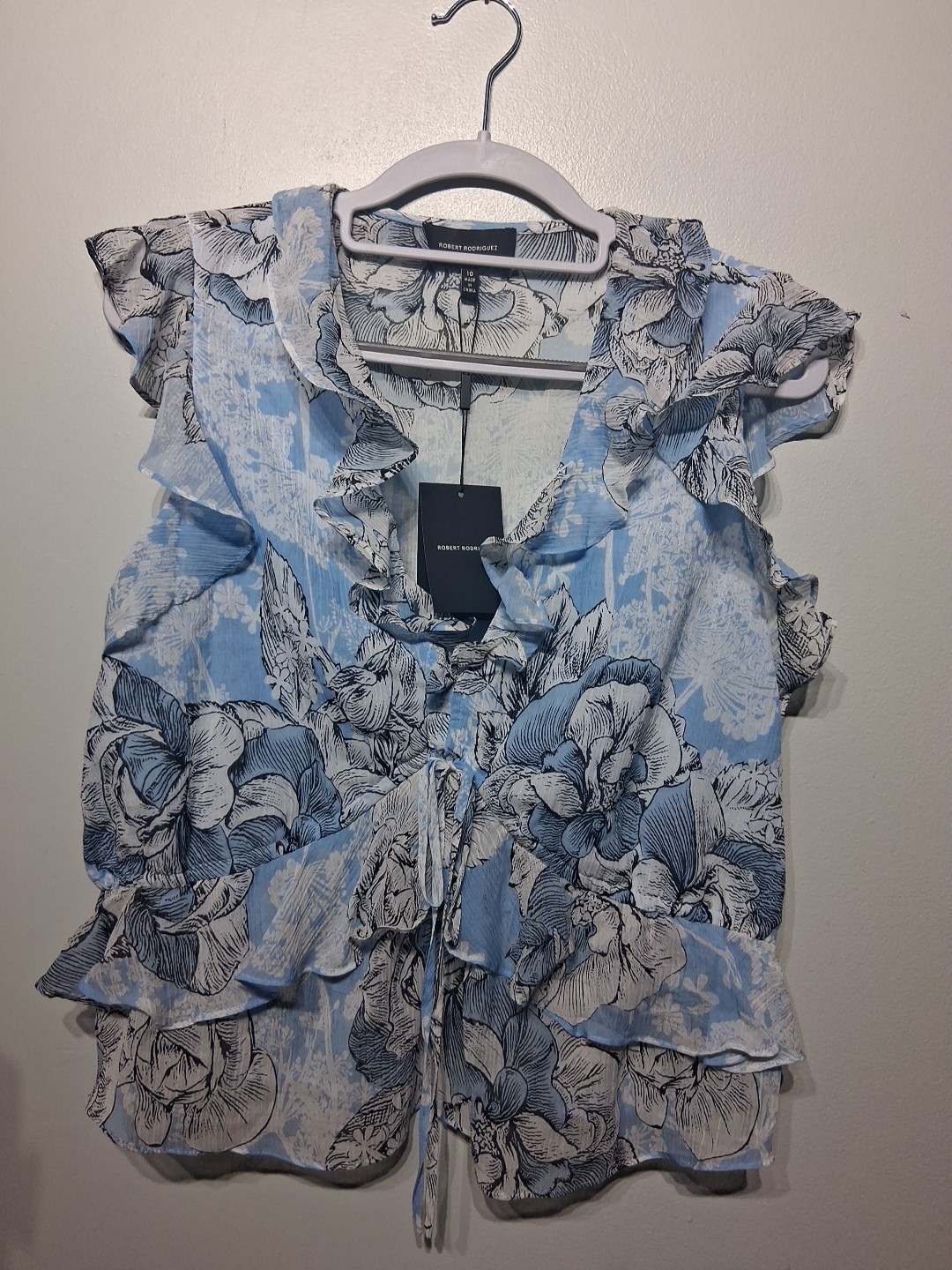 Robert Rodriguez Blue Floral Print Cotton Silk Blend Ruffle Blouse Size 10 NWT