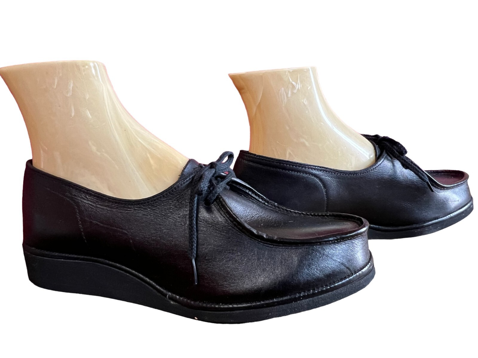 NOS 7 EW Black Vtg 70s Shoes Leather Wedge Heel Soft Petals Tie 7 Extra Wide