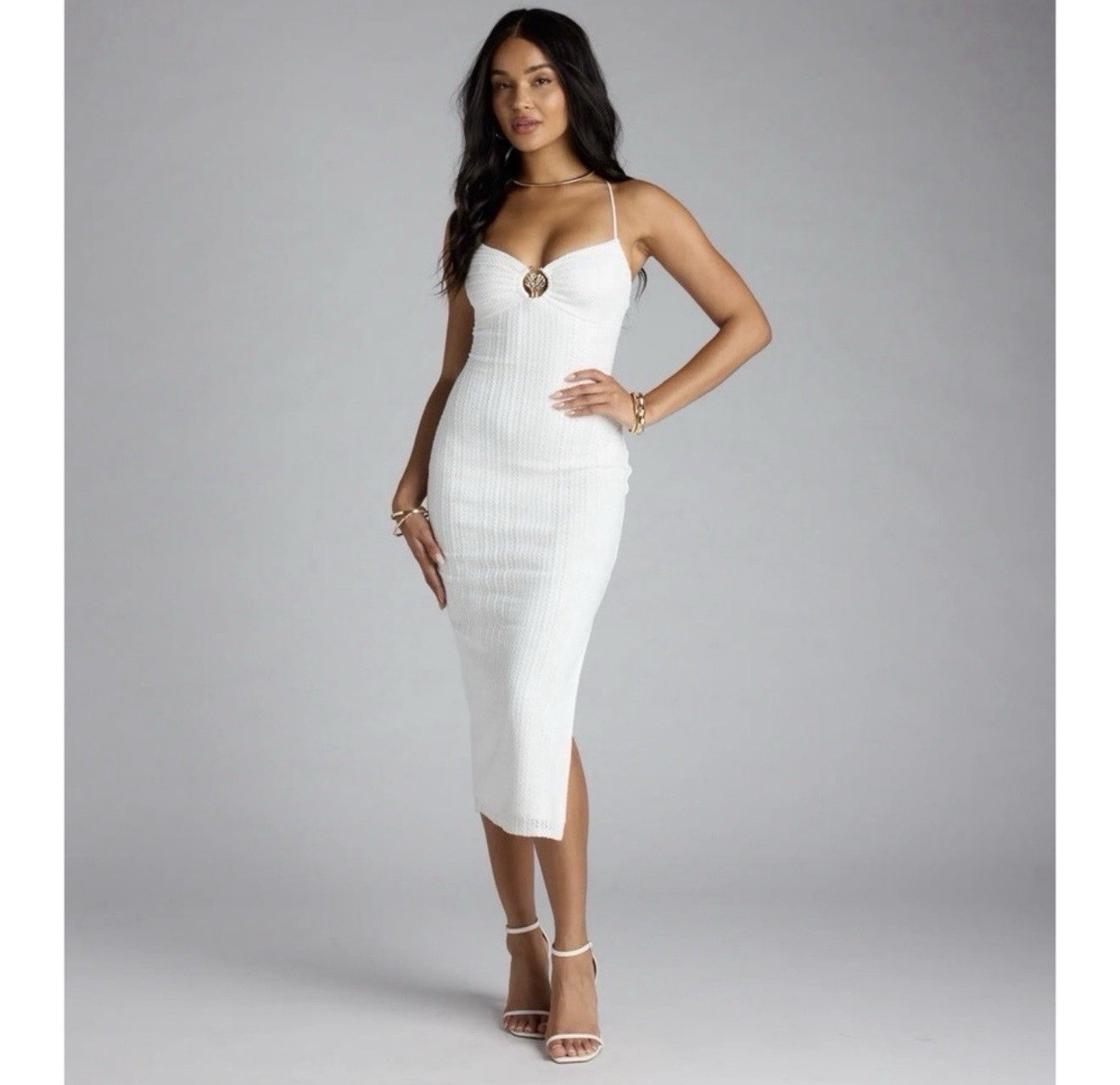 Windsor Ivory Lace Up Knit Seashell Split Bodycon Midi Dress Size XS