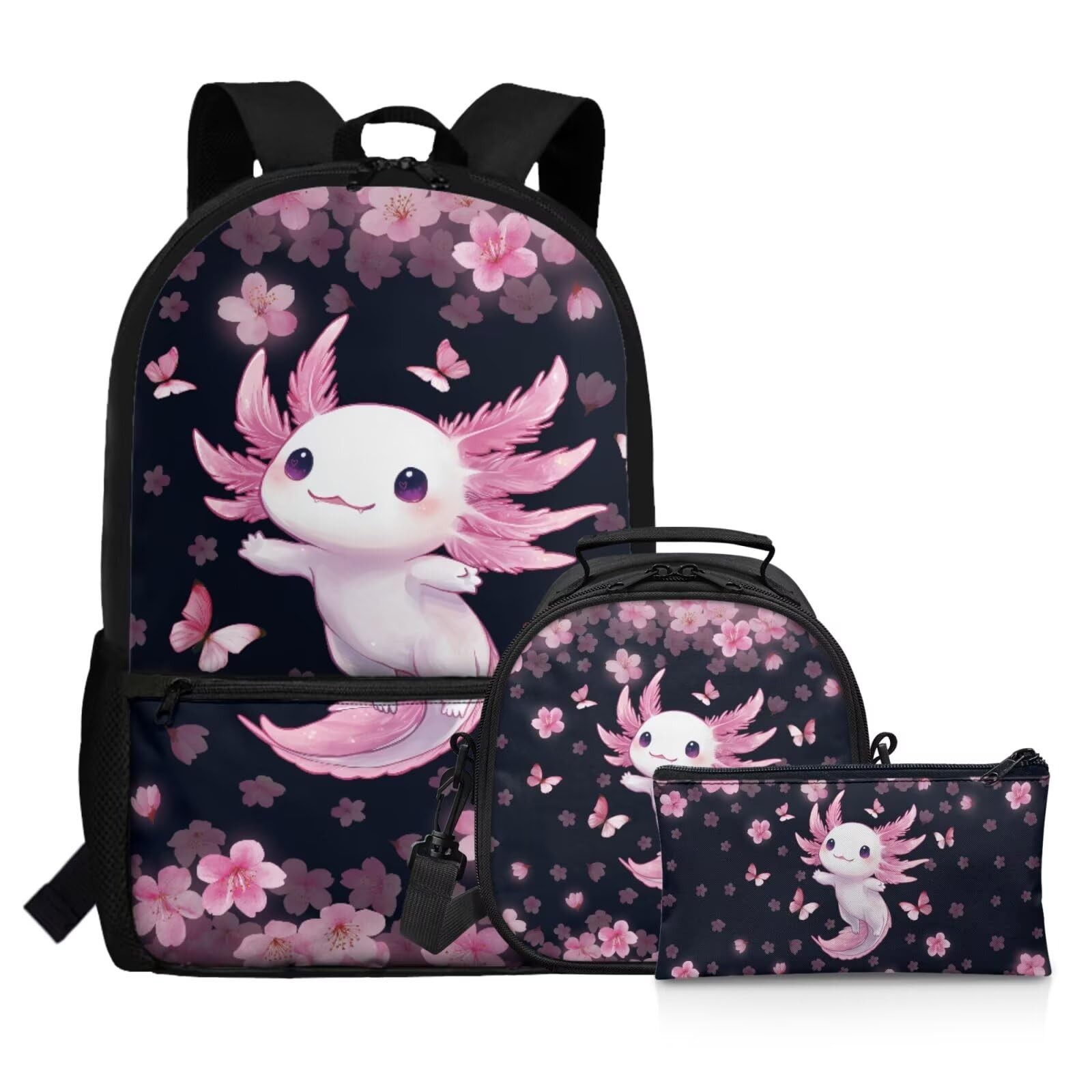 Axolotl Backpack 17.3″ Height School Bag Set 3PCS with Lunch Box & Pencil Case