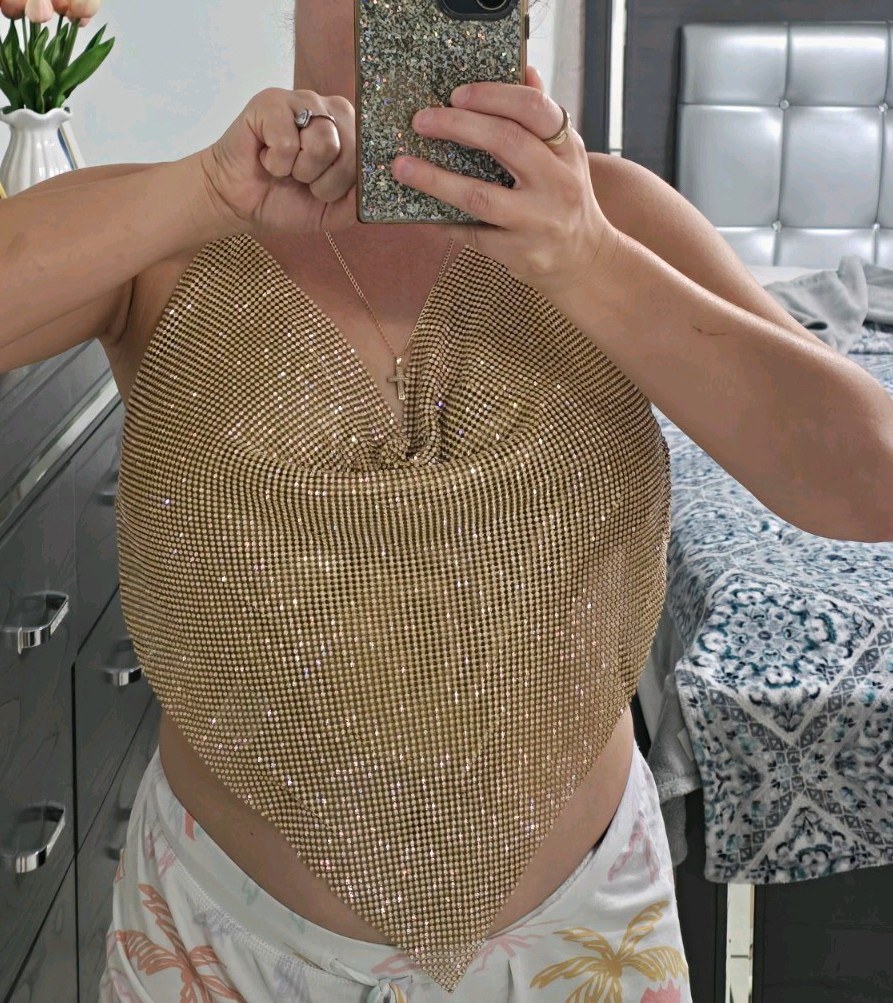 Fashion Nova Gold Metallic Mesh Halter Tie Back Backless One Size Tank