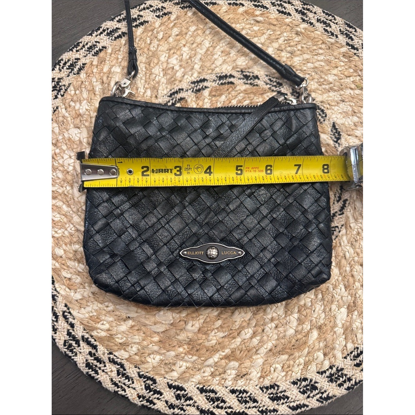 Elliott Lucca Black Woven Leather Crossbody Bag Small Zip Top Purse Handbag