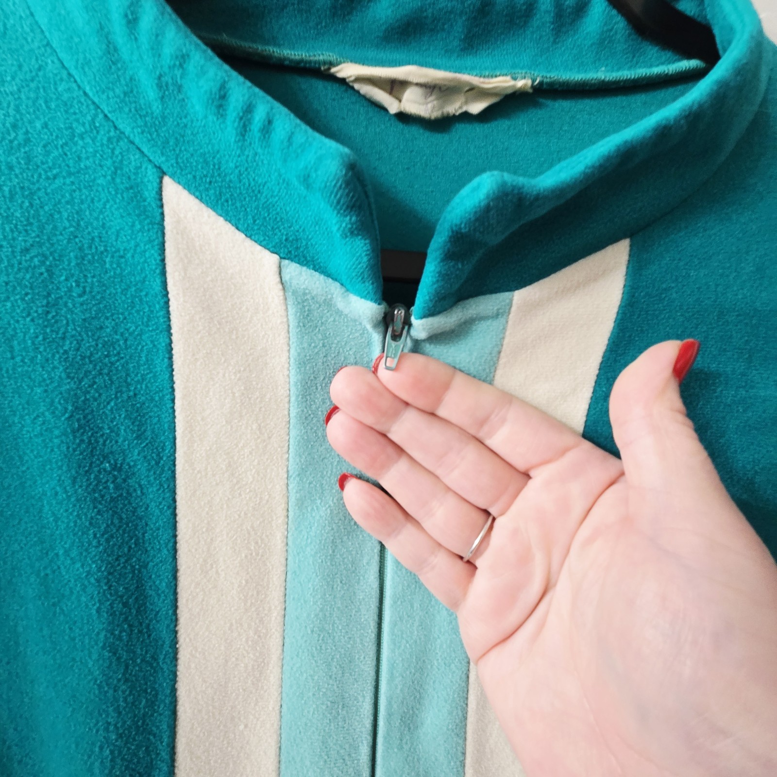 Vtg Vanity Fair Velour Jade Green House Coat Bathrobe Robe Pockets Long ZIPPER