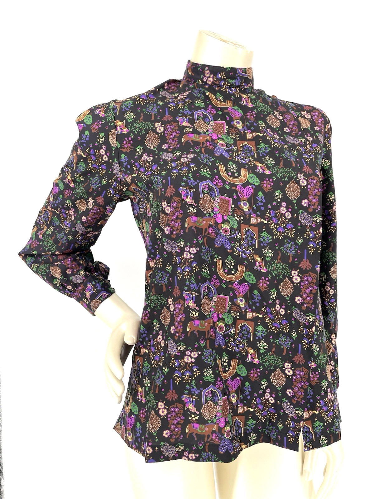 Amazing VTG 80s High Neck Sultan Raja Warrior Horse Print Button Up Shirt Top md