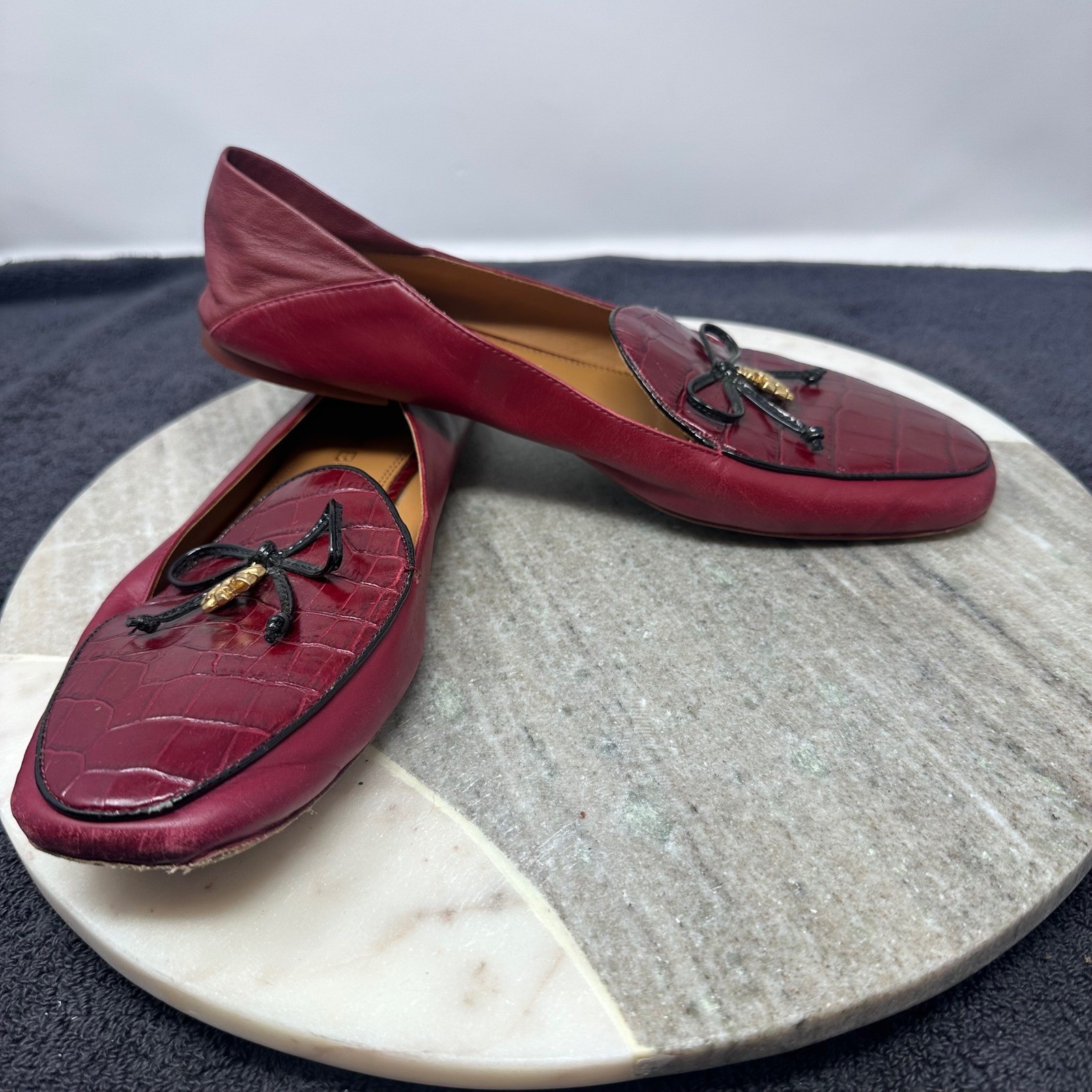Tory Burch Burgundy Leather Croc Embossed Bow Loafer Flats 9M 8099 G20