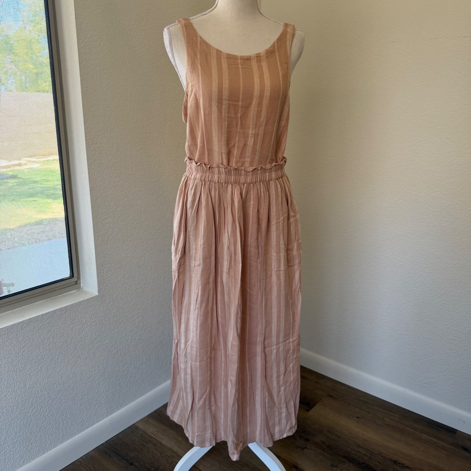Splendid Maxi Dress Womens Medium Peach Tan Striped Linen Blend RM2D241 Boho