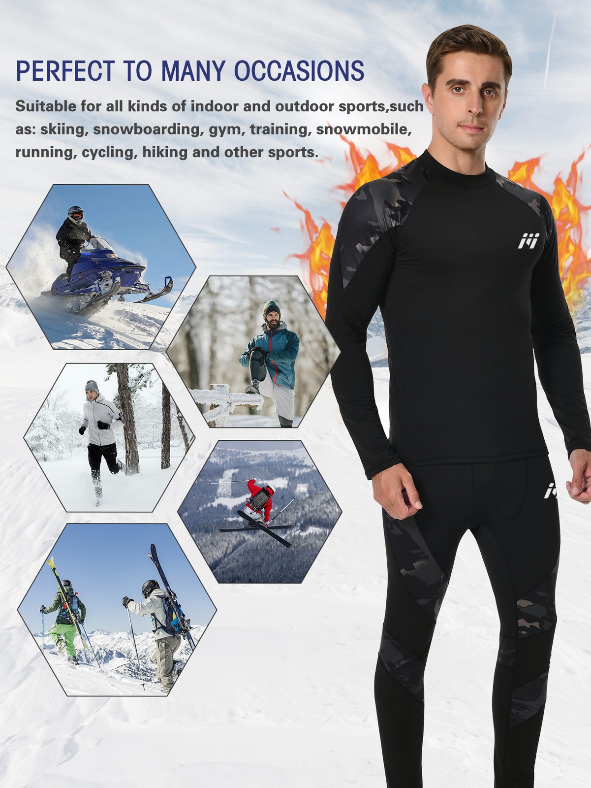Men’s Thermal Underwear Set Winter Warm Long Johns Shirts Tops & Bottom Suit Ski