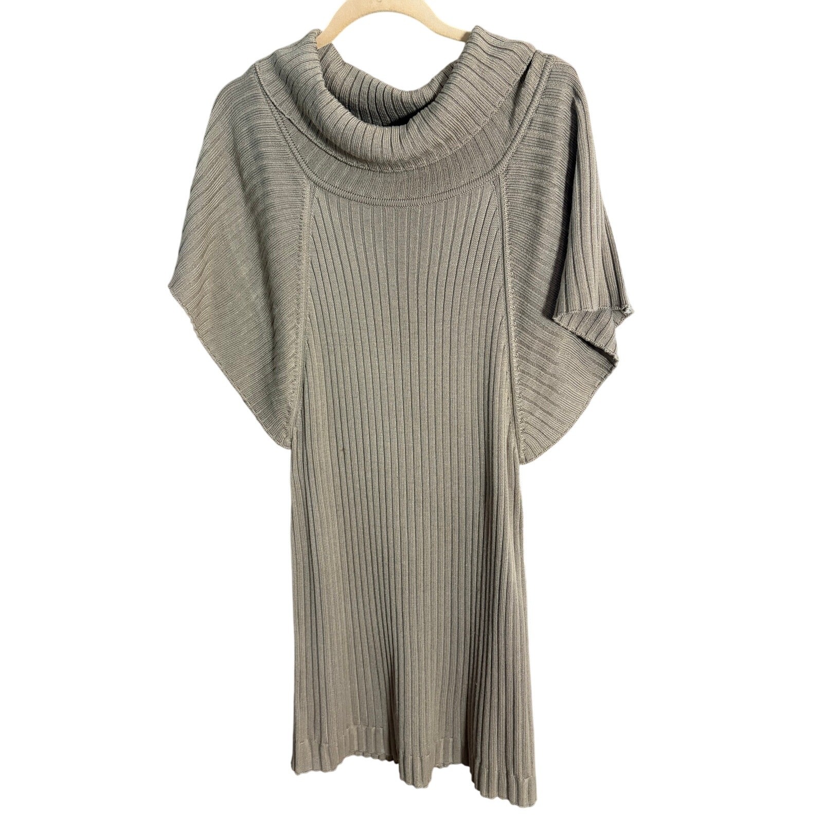 Calvin Klein XL Ribbed Cowl Neck Sweater Dress Taupe Batwing Dolman Sleeve Knit