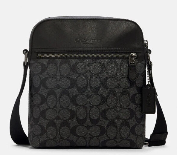 NWT Coach Men’s Houston Flight 4010 Messenger Bag CHARCOAL/BLACK Sig CC Leather