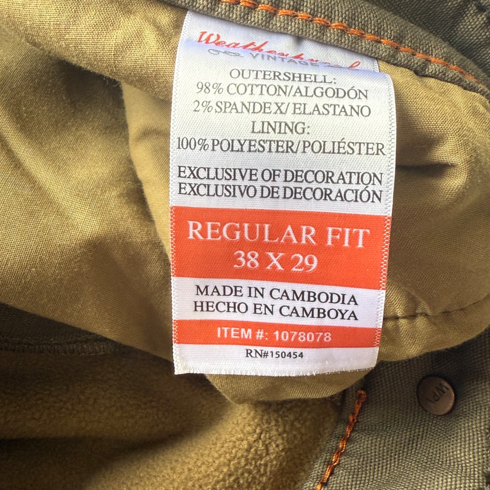 Weatherproof Vintage Mens Regular Fit Stretch Canvas Fleece-Lined Pants 38×29