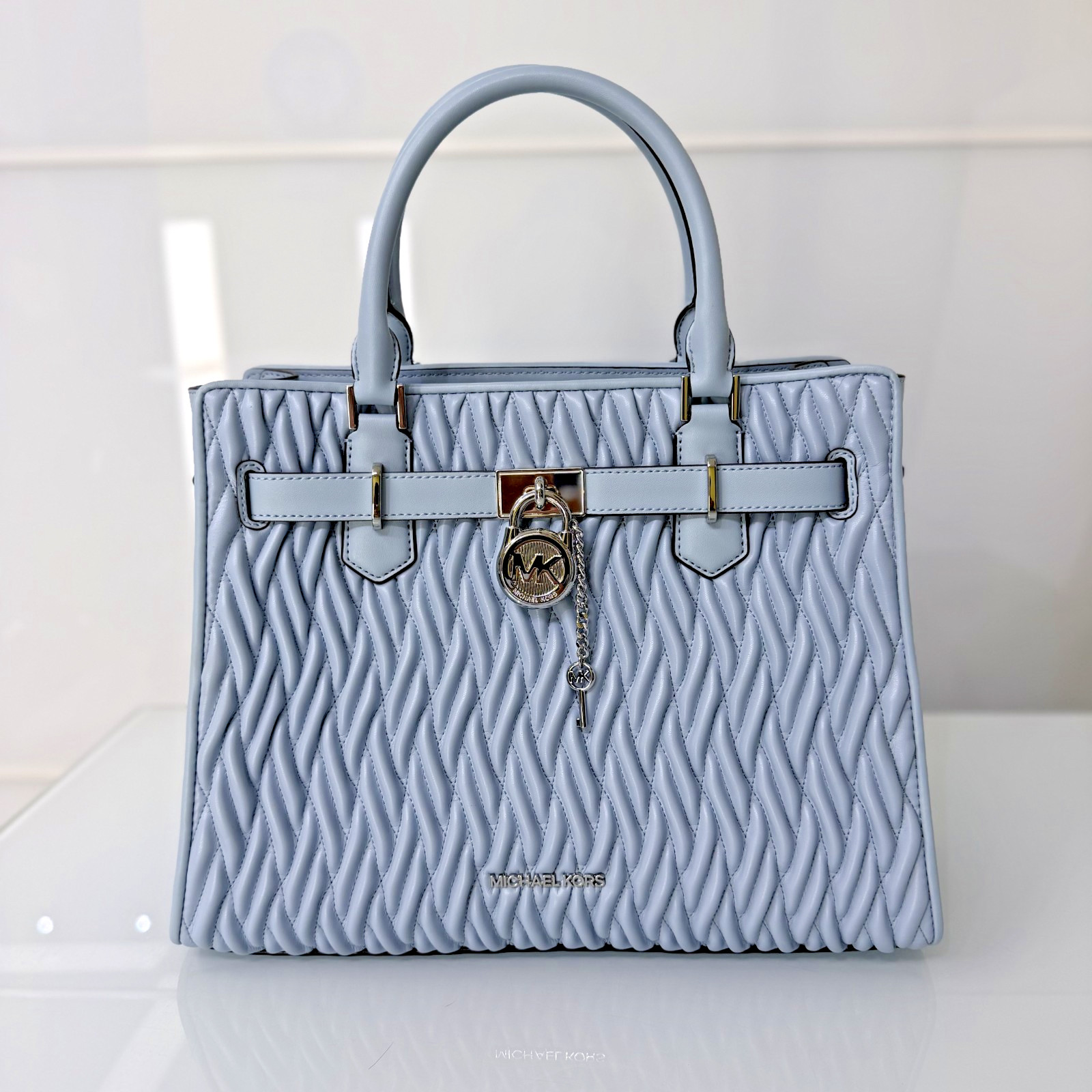 Michael Kors Hamilton Medium Matelassé Satchel Bag Blue Pale Ocean