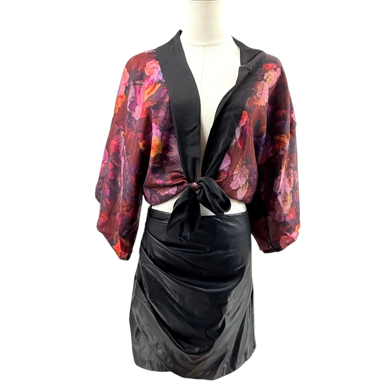 One & Only Women’s Floral Kimono Wrap Top Shirt Burgundy Pink Medium