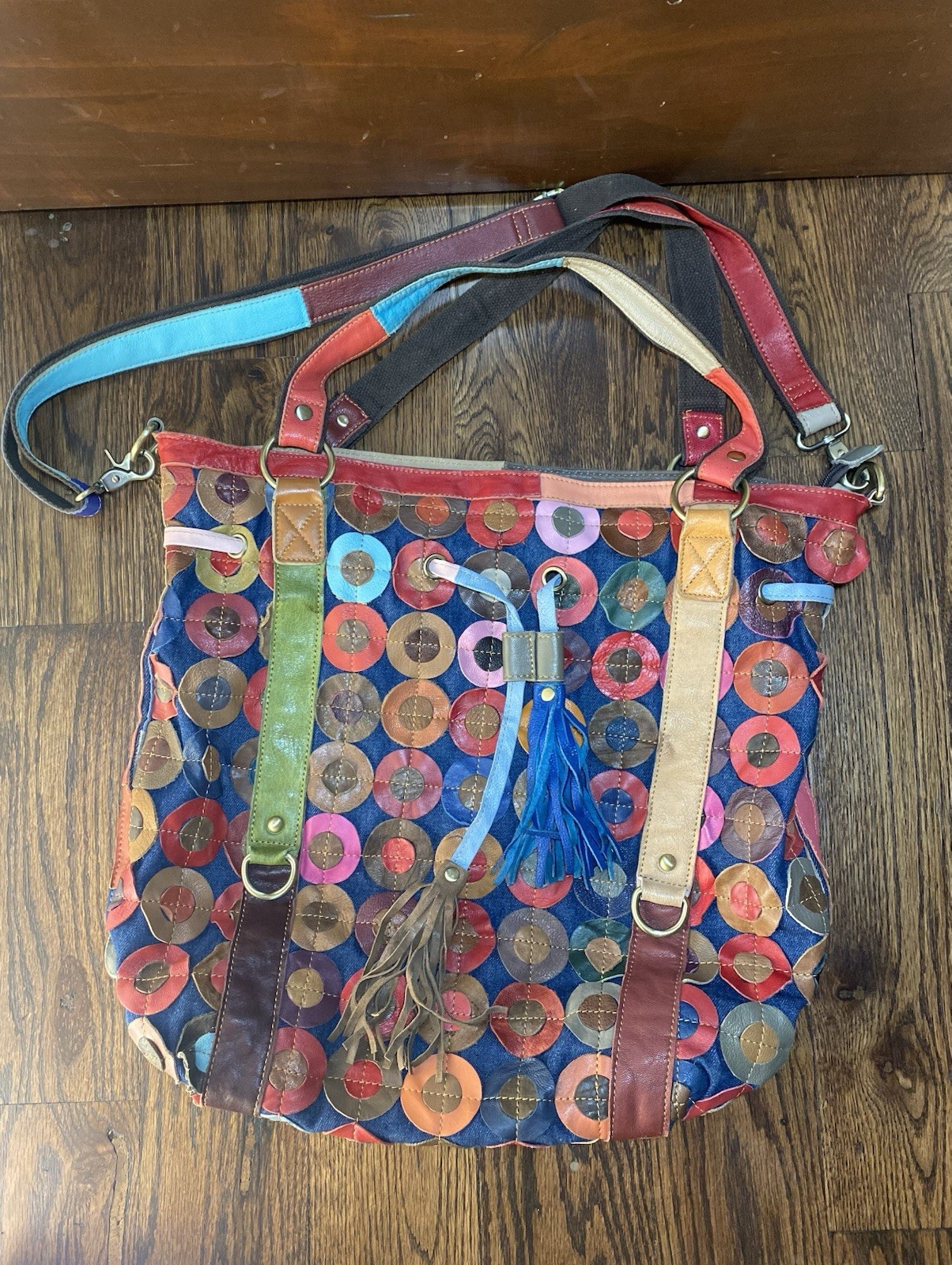 Ameri Leather Large Multicolor Patchwork Vibrant Shoulder Convertible Tote Bag