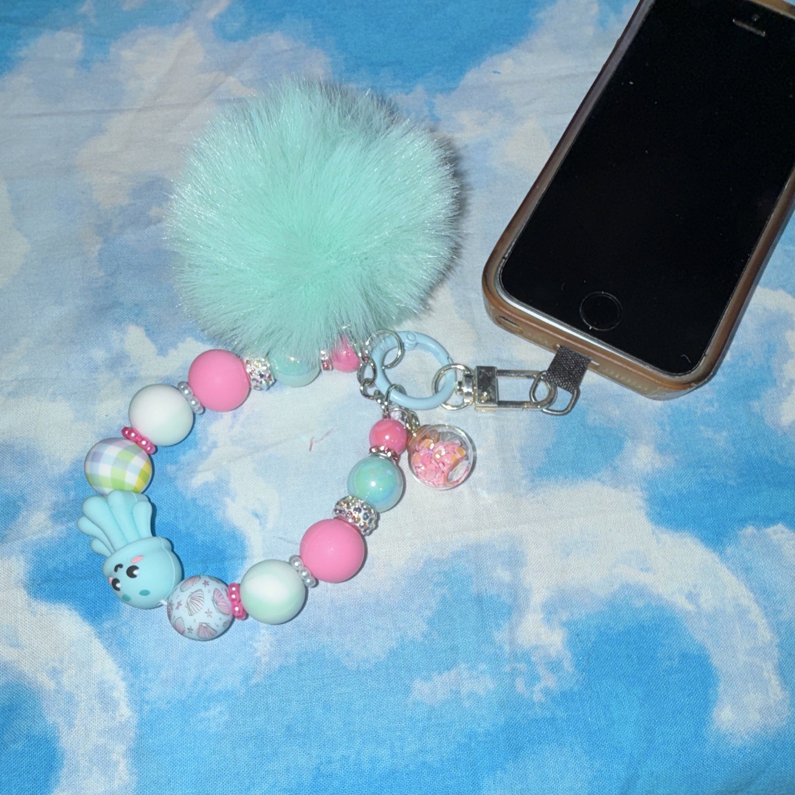 Blue/Pink/White Cute Octopus Beaded Wristlet Key Chain/Bag Charm w/Pom Pom