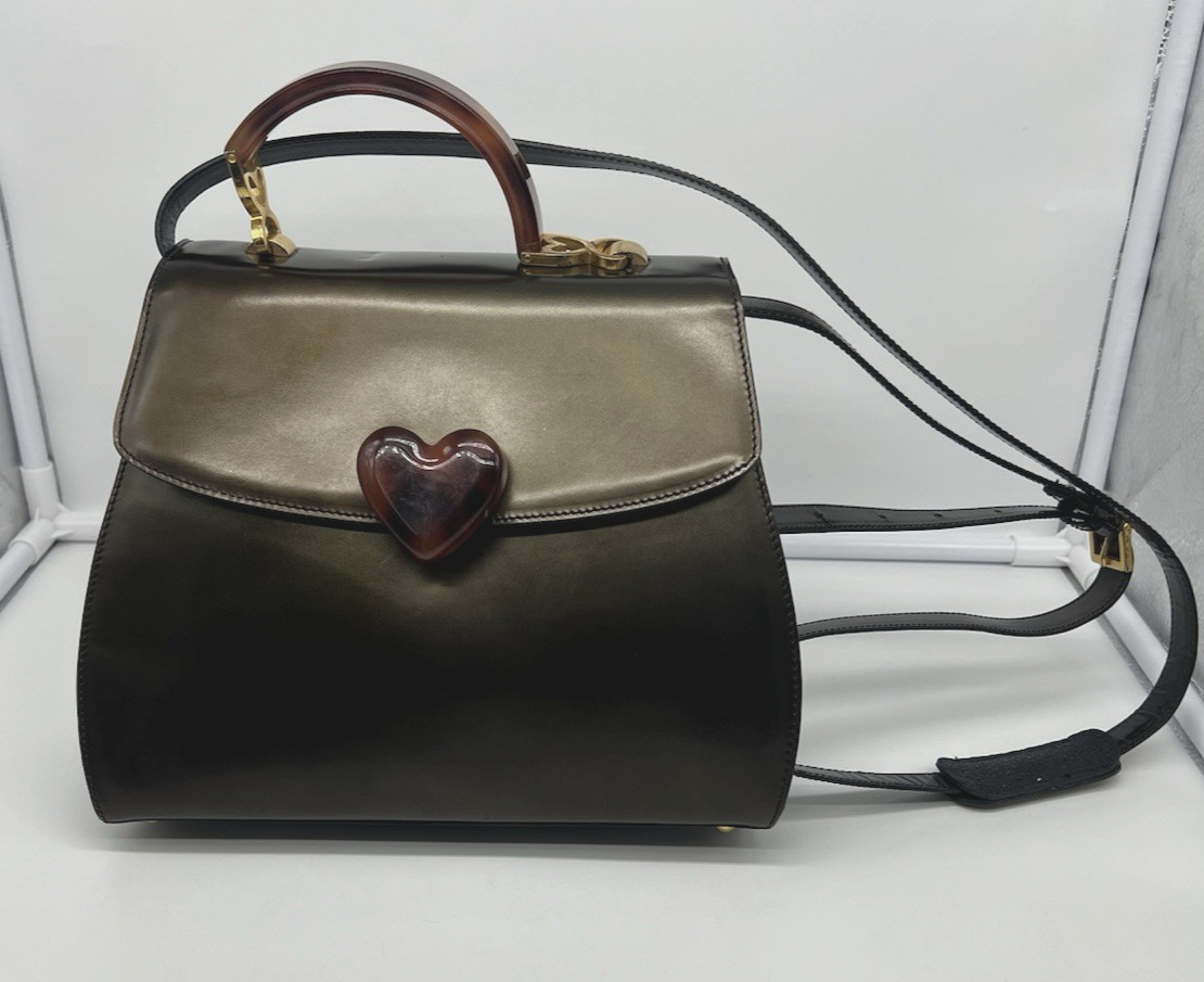MOSCHINO BY REDWALL Vintage Bronze Patent Leather Heart Top Handle Crossbody Bag