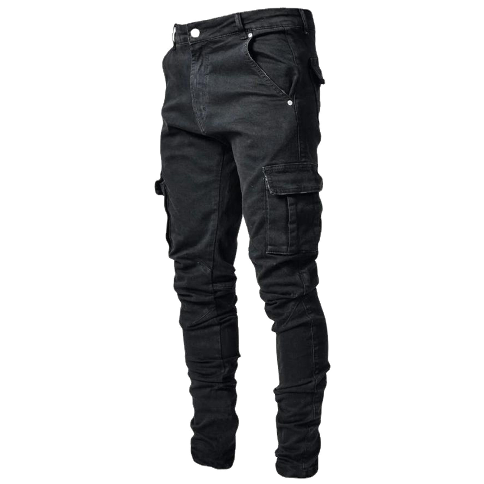 Large SIze Mens Soild Straight Hole Buckle Zipper Middle Waist Denim Long Pants
