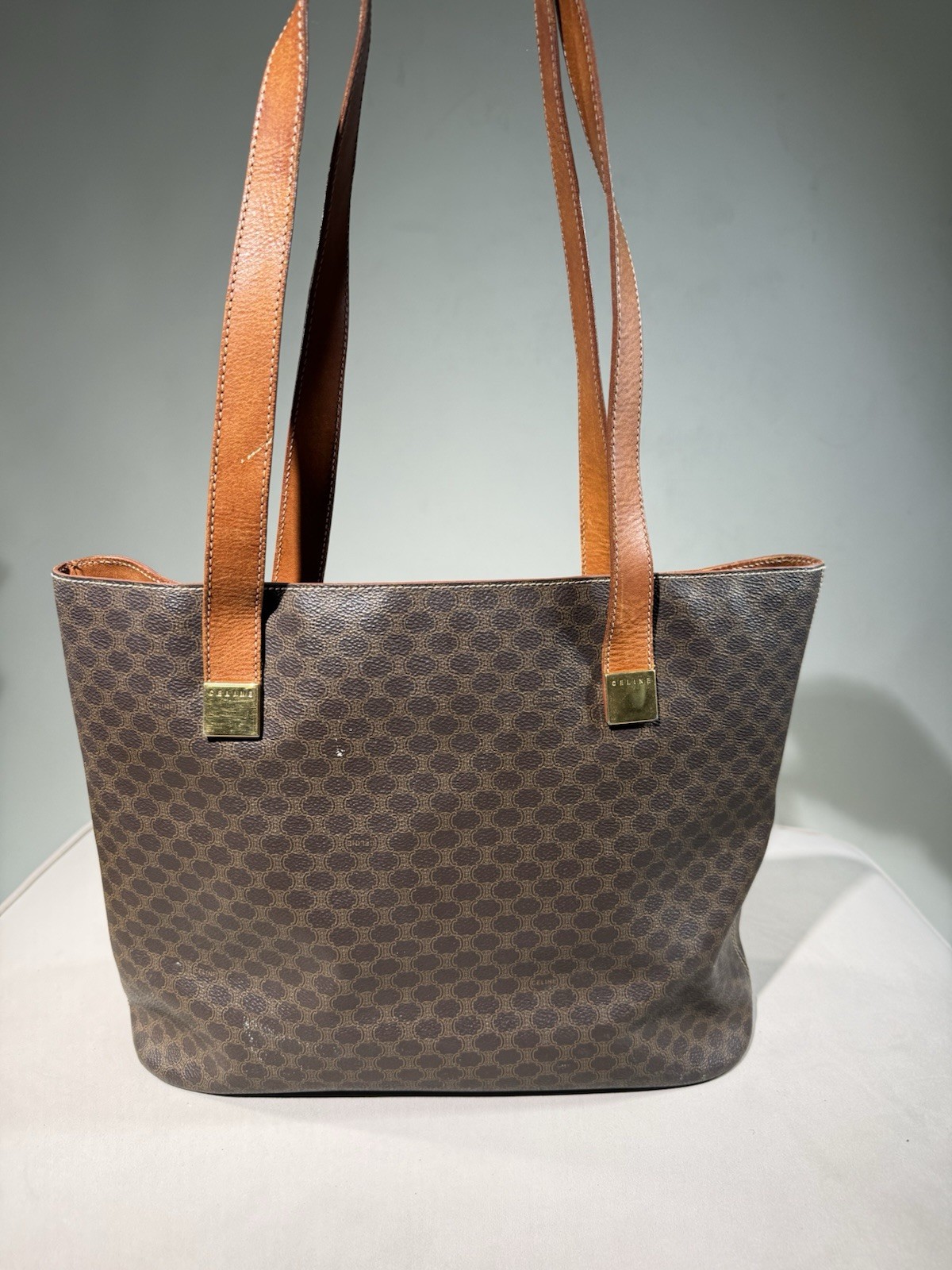 Celine Macadam Triomphe Brown Tote Bag Gold Hardware Leather Shoulder Strap