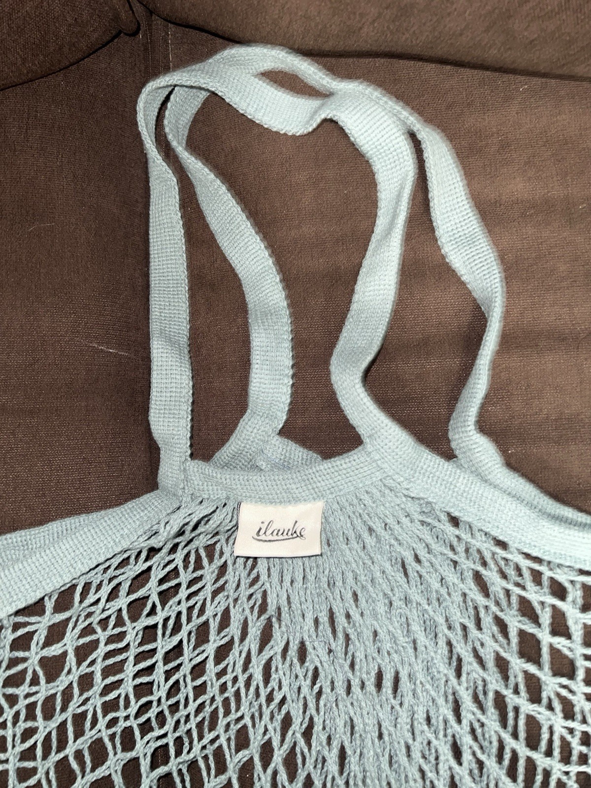 Ilauke Reusable Cotton Knit Mesh Net Tote Bag in Teal color, Lightweight beach.
