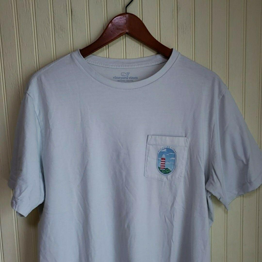 Vineyard Vines Shirt Mens Large Light Blue Lighthouse Pocket Graphic Tagless Tee